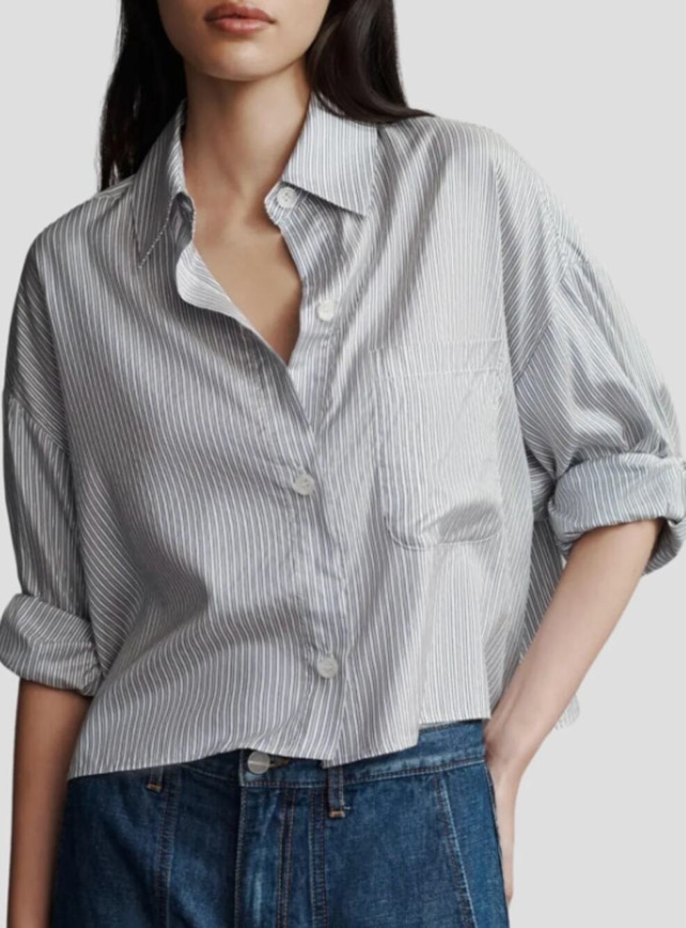TWP Next Ex Silk Voile Cropped Shirt in Indigo Metallic Stripes size XS/S